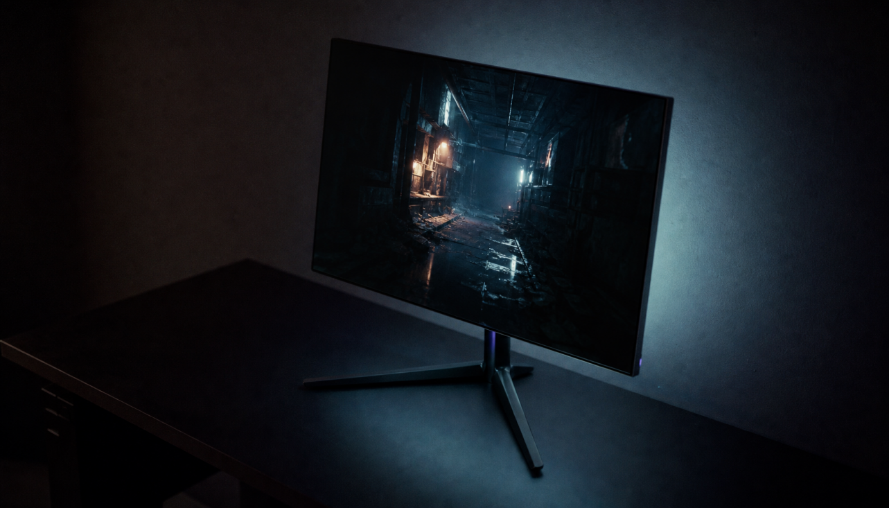 Gaming monitor in a dark room displaying a shadowy game scene with visible shadow detail and depth