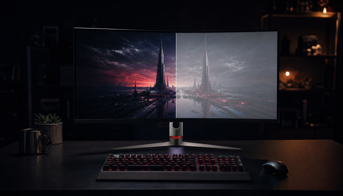 Gaming monitor in a dark room showing black level difference between display preset modes