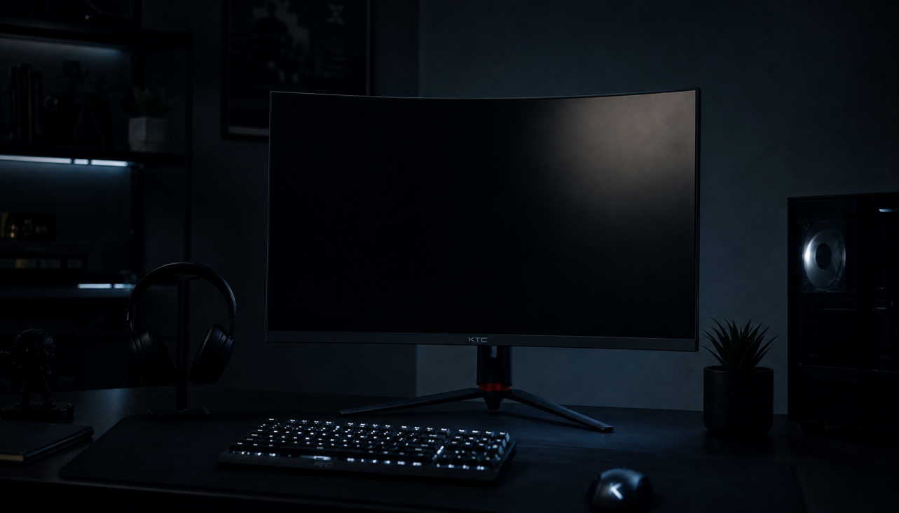 Gaming monitor in a dark room showing uneven black levels with a cloudy corner — a sign of black level uniformity degradation over time