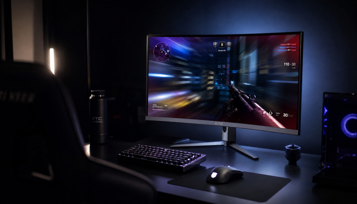 Gaming monitor in a dark room with motion blur reduction enabled, casting flickering light across the desk