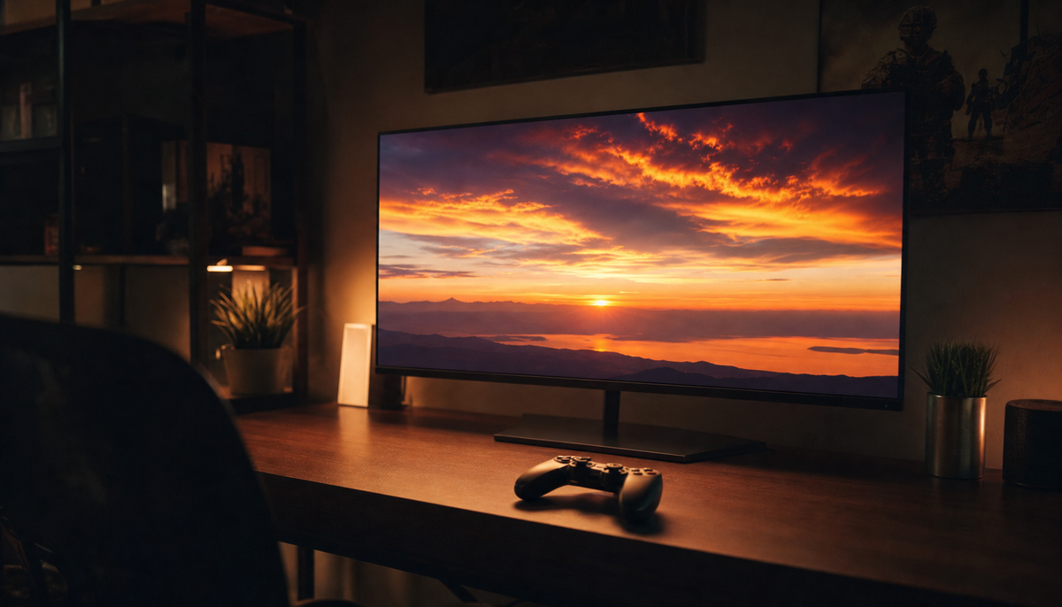 Gaming monitor in a dim room displaying a smooth HDR sunset gradient sky, highlighting the difference clean HDR output makes in console gaming