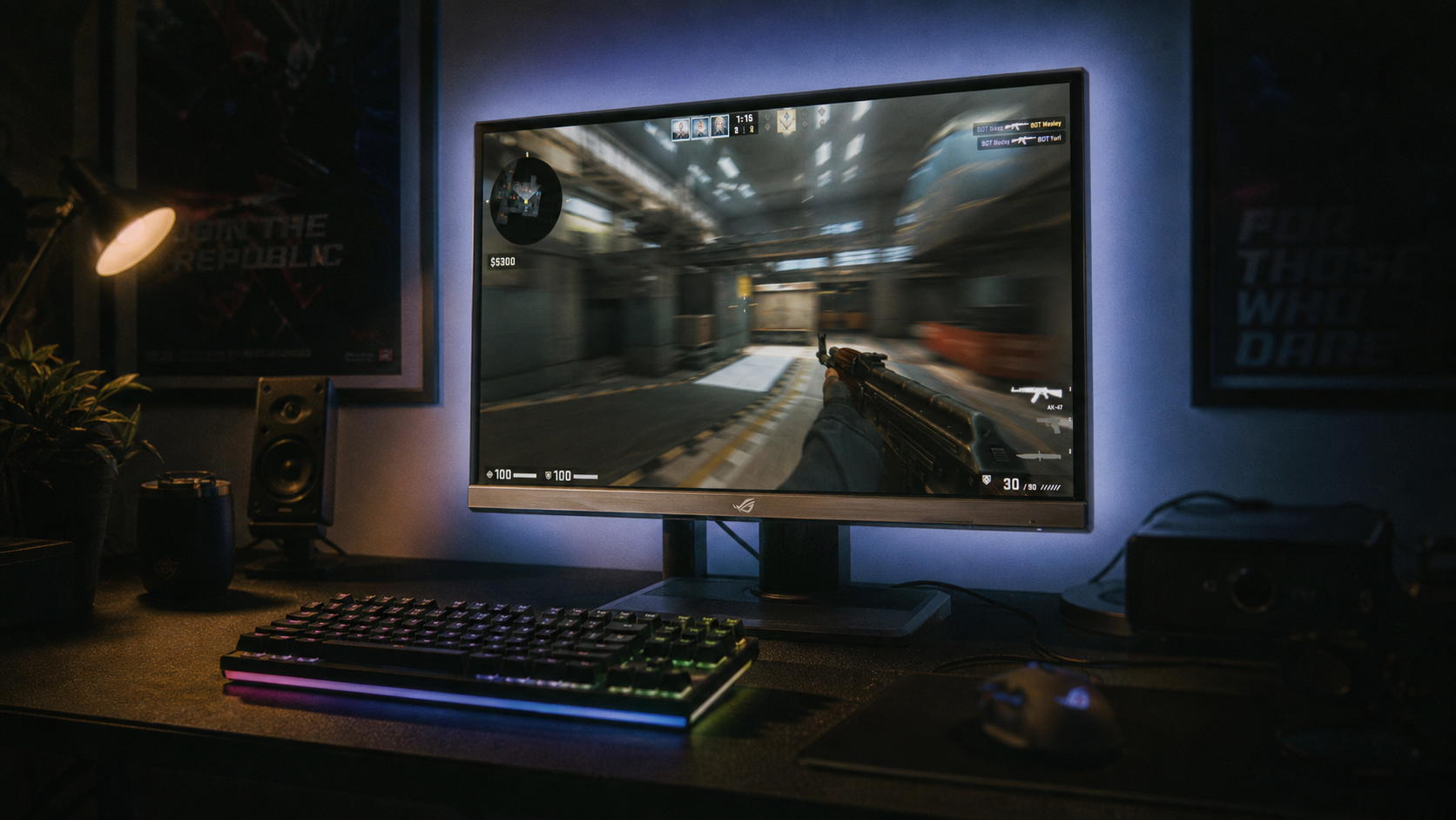 Gaming monitor in dark battlestation setup illustrating the tension between backlight strobing flicker and adaptive sync smoothness