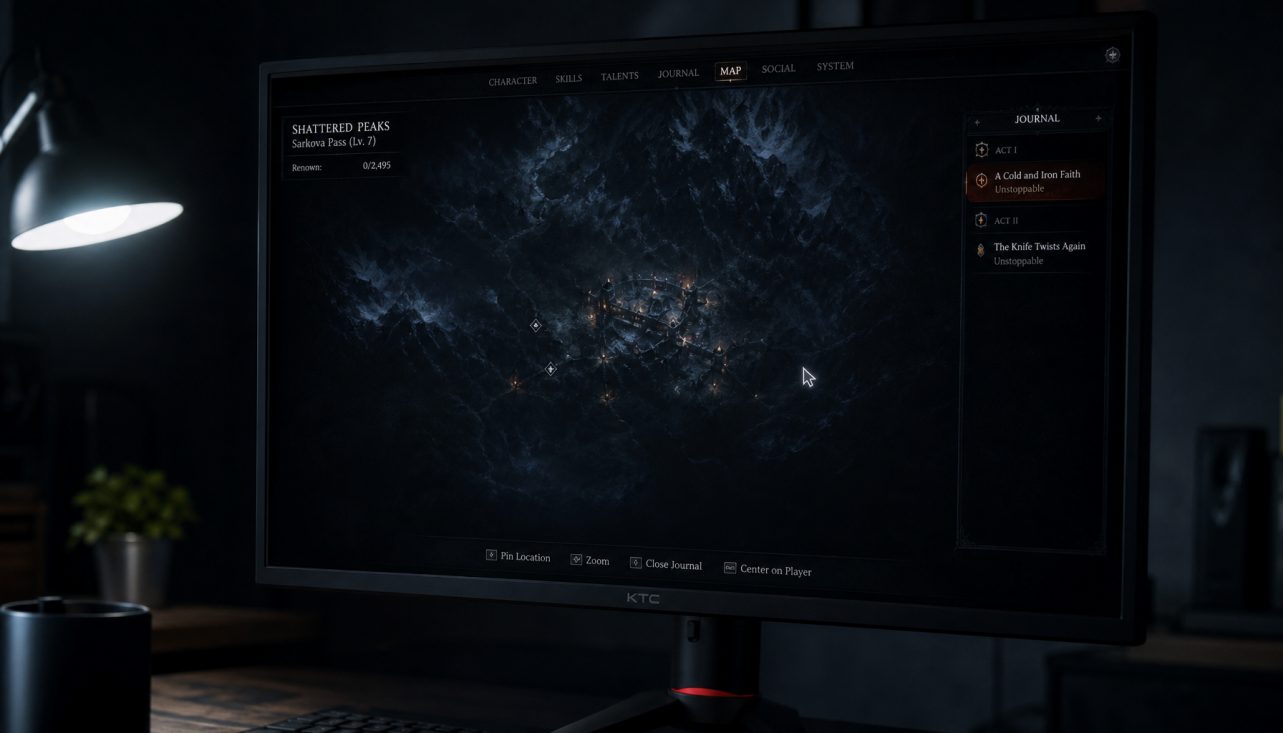 Gaming monitor in dark room showing adaptive sync and local dimming interaction with bright HUD on dark game scene