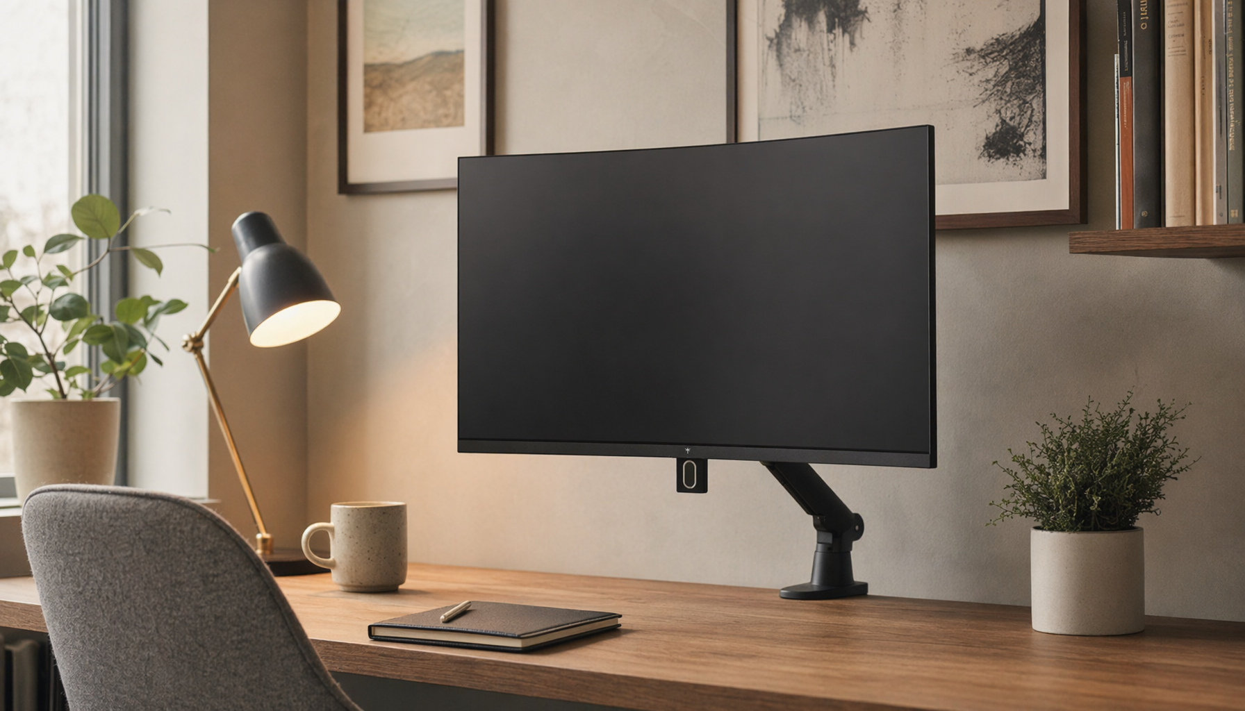 Gaming monitor integrated into a calm home office with walnut desk, monitor arm, and neutral decor