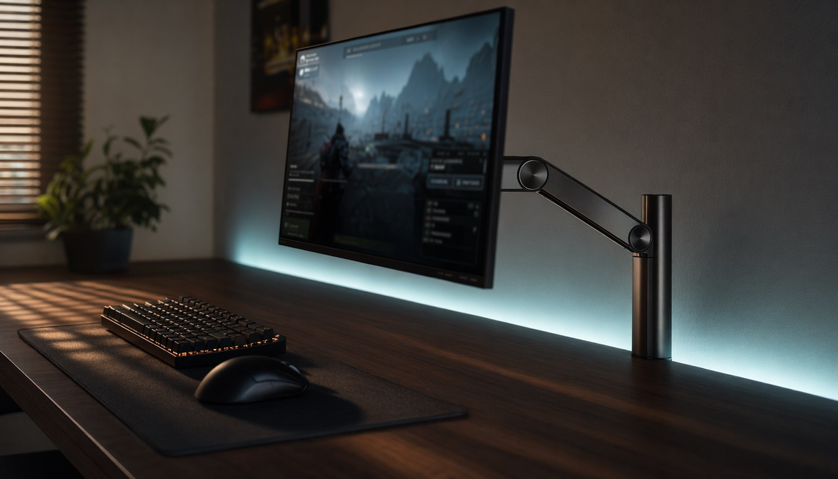 Gaming monitor mounted on a monitor arm with no stand, freeing up full desk space for keyboard and mouse