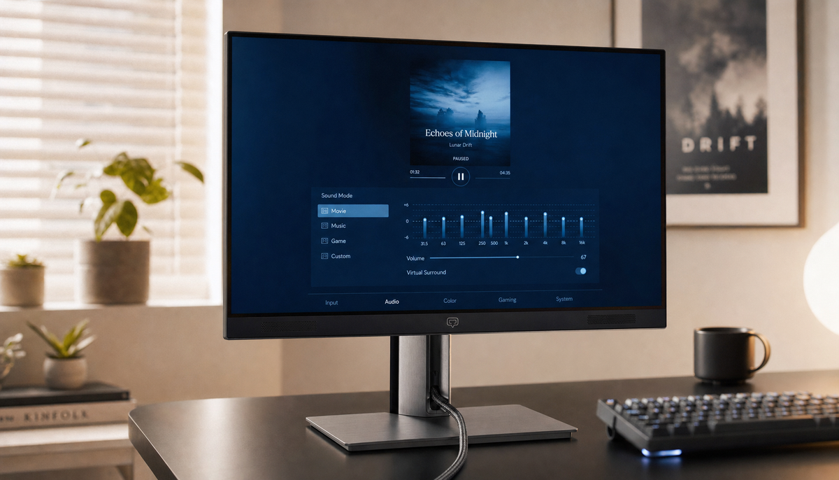 Gaming monitor on a clean desk showing audio settings, with HDMI cable and built-in speaker grilles visible
