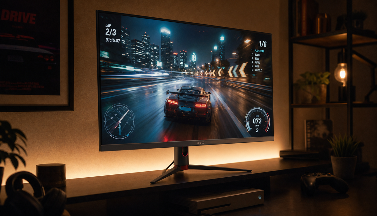 Gaming monitor on a dark desk showing a racing game with a faint VRR tear artifact near the bottom of the screen