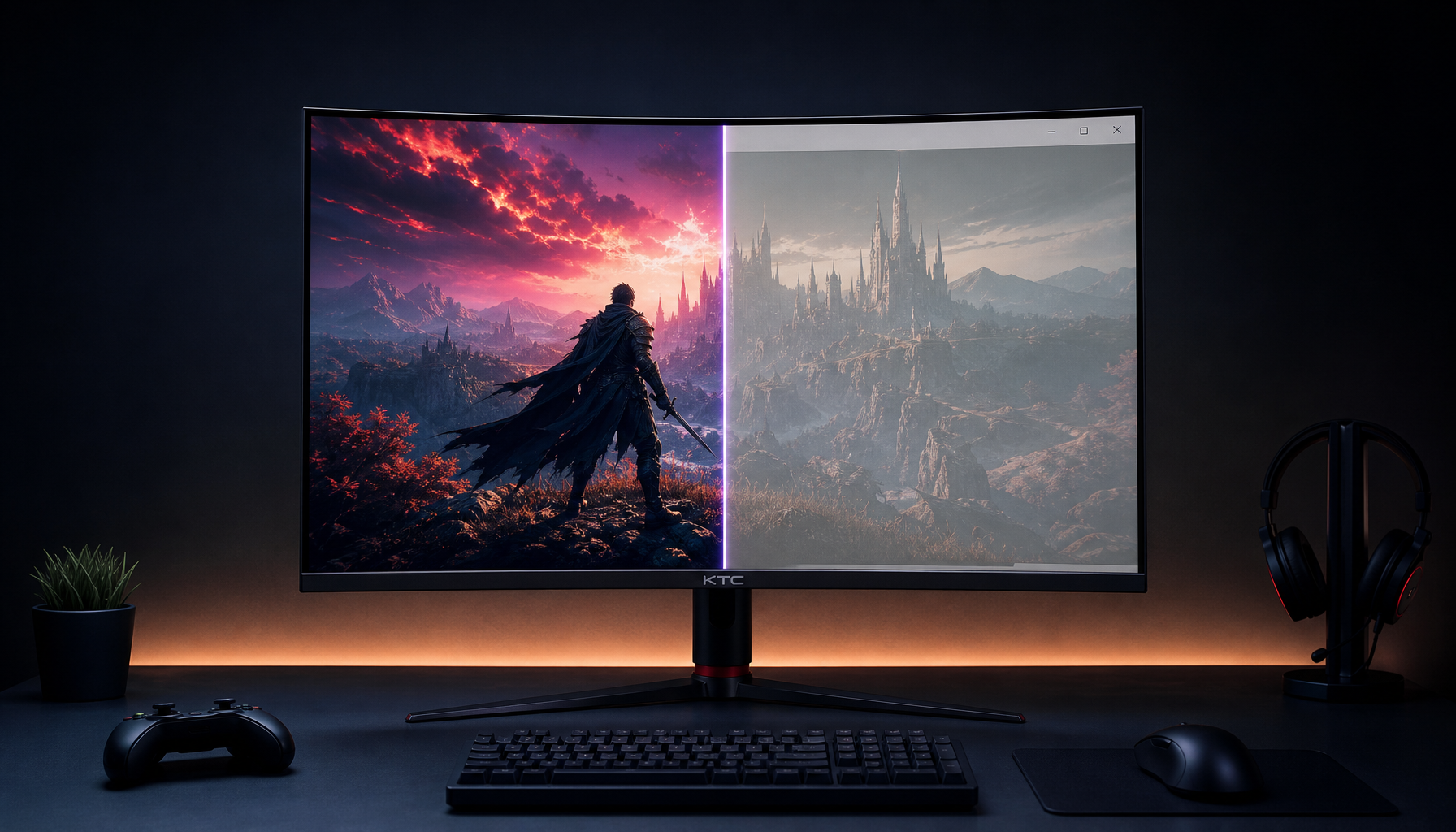 Gaming monitor on a desk showing color difference between full-screen and windowed display modes