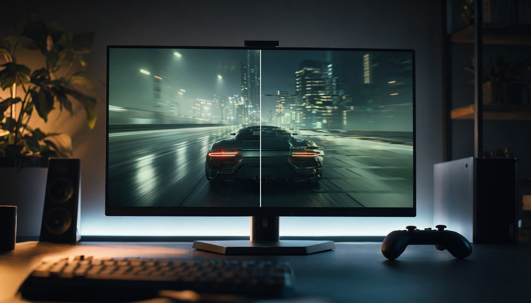 Gaming monitor on a desk showing the contrast between smooth VRR motion and screen tearing in a dark gaming room