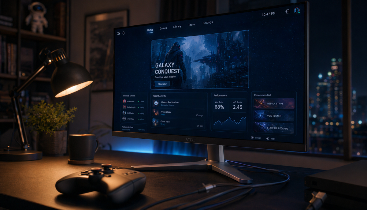 Gaming monitor on a desk with HDMI cables connected, showing the type of setup where console audio output options can vary by port
