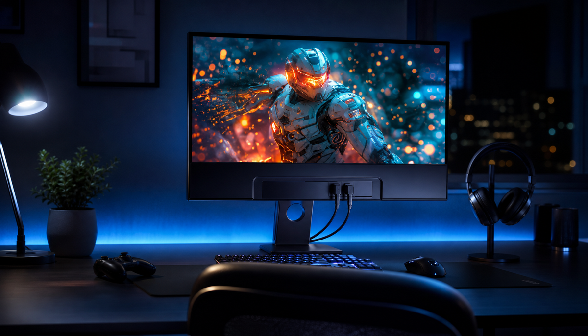 Gaming monitor on a desk with two HDMI cables connected, screen lit with a console game