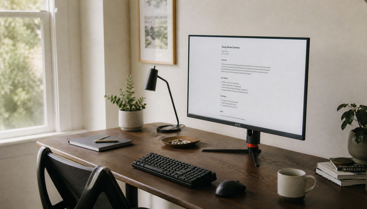 Gaming monitor on a walnut desk in a home office with soft neutral daylight and no screen glare
