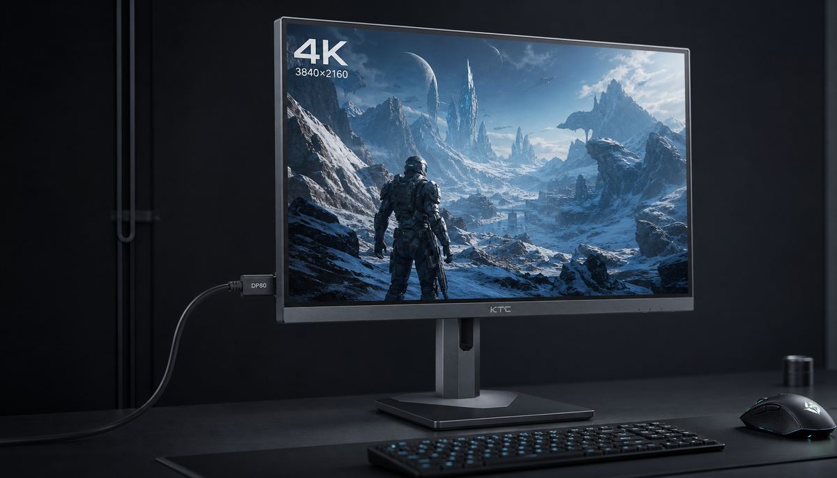 Gaming monitor running 4K 240Hz over a DisplayPort cable on a dark gaming desk