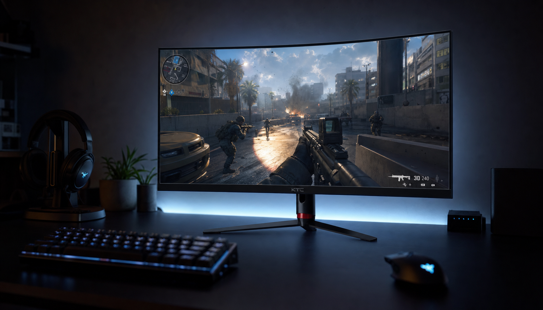 Gaming monitor setup showing a KTC display with a fast-paced game scene, representing the relationship between temporal resolution and perceived sharpness in motion