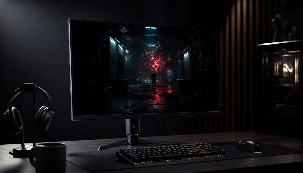 Gaming monitor showing HDR dark scene with deep blacks and bright highlights compared to SDR