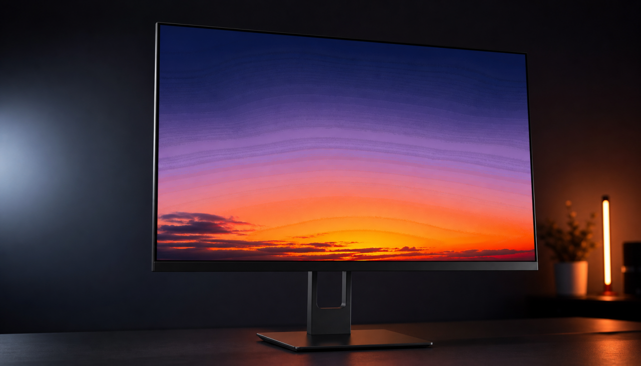 Gaming monitor showing HDR posterization in a sunset gradient — visible color banding in smooth sky transitions