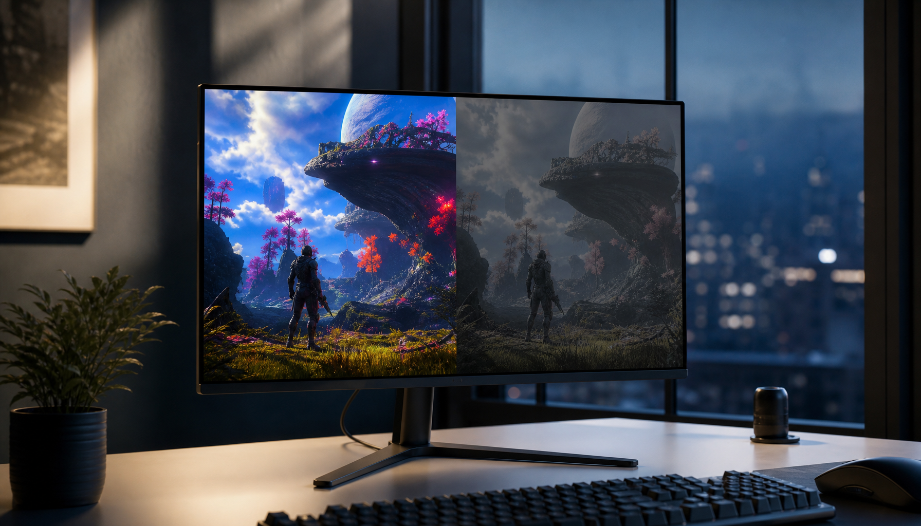 Gaming monitor showing HDR versus SDR comparison on a console gaming setup
