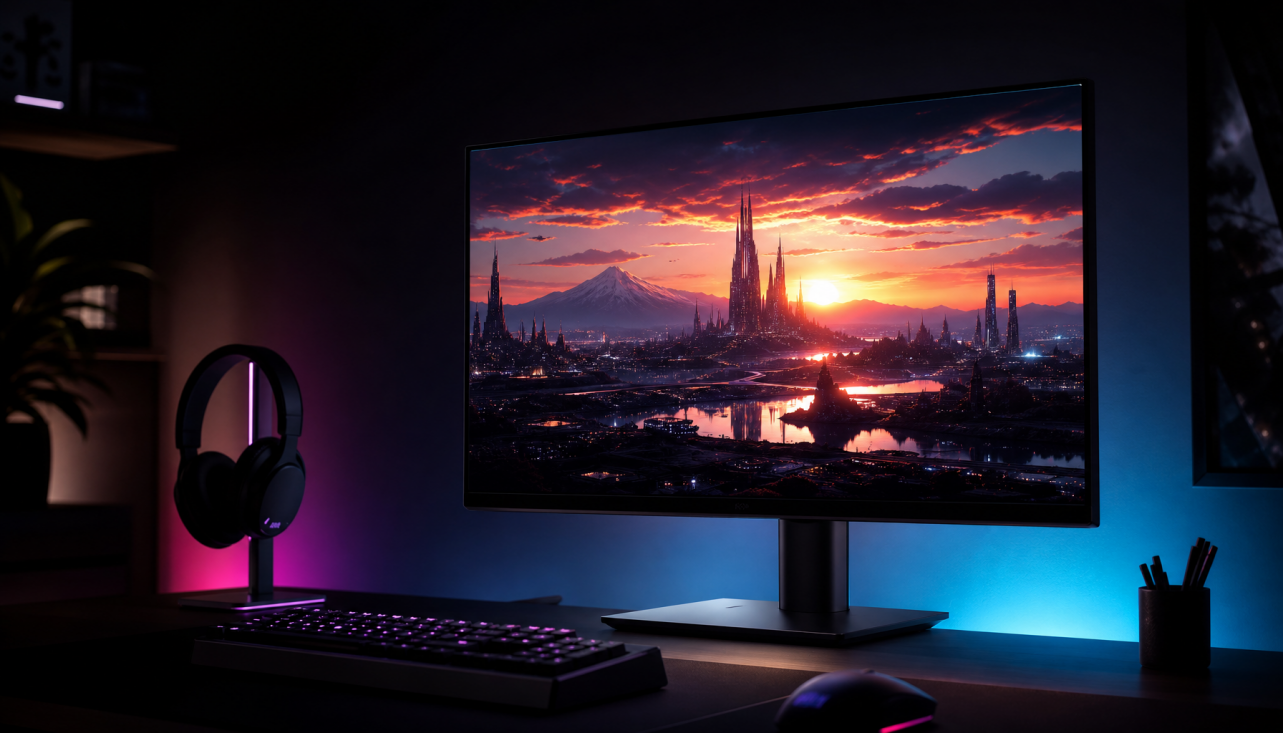Gaming monitor showing HDR vs SDR brightness comparison in a dark gaming setup