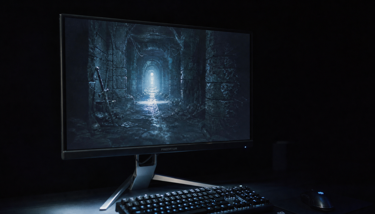 Gaming monitor showing a dark scene with visible adaptive sync flicker in a dimly lit room