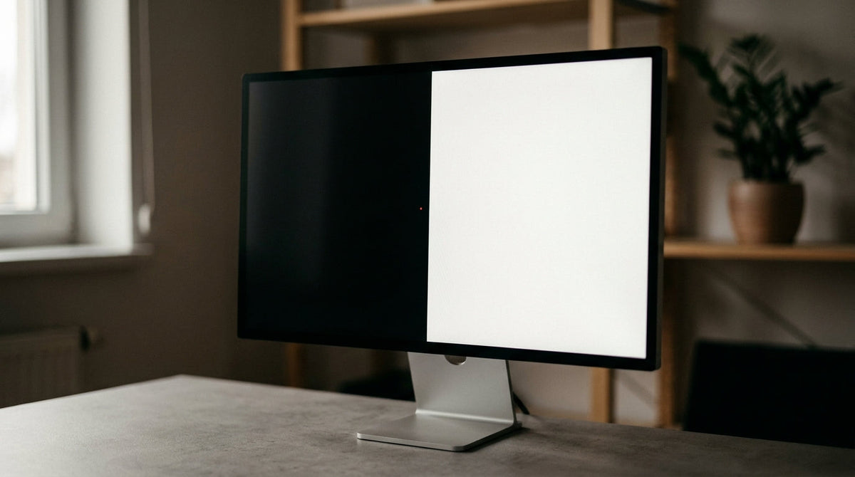 Gaming monitor showing a pixel defect test screen with a single stuck red pixel visible on a dark background