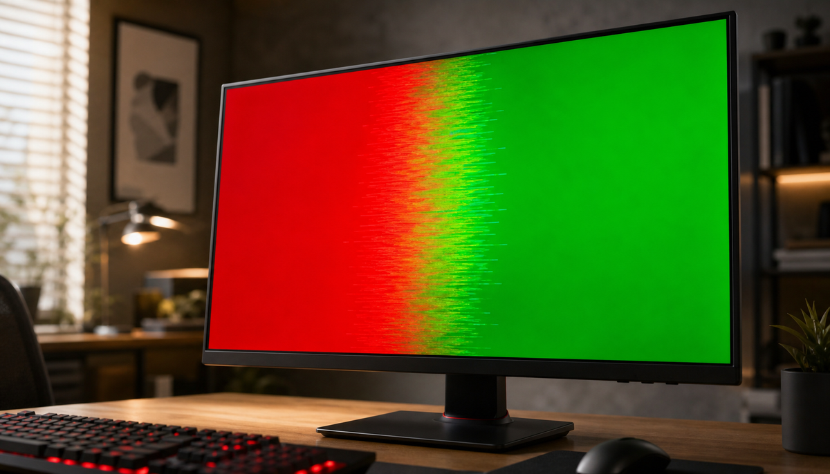 Gaming monitor showing chromatic vibration effect between red and green color combinations