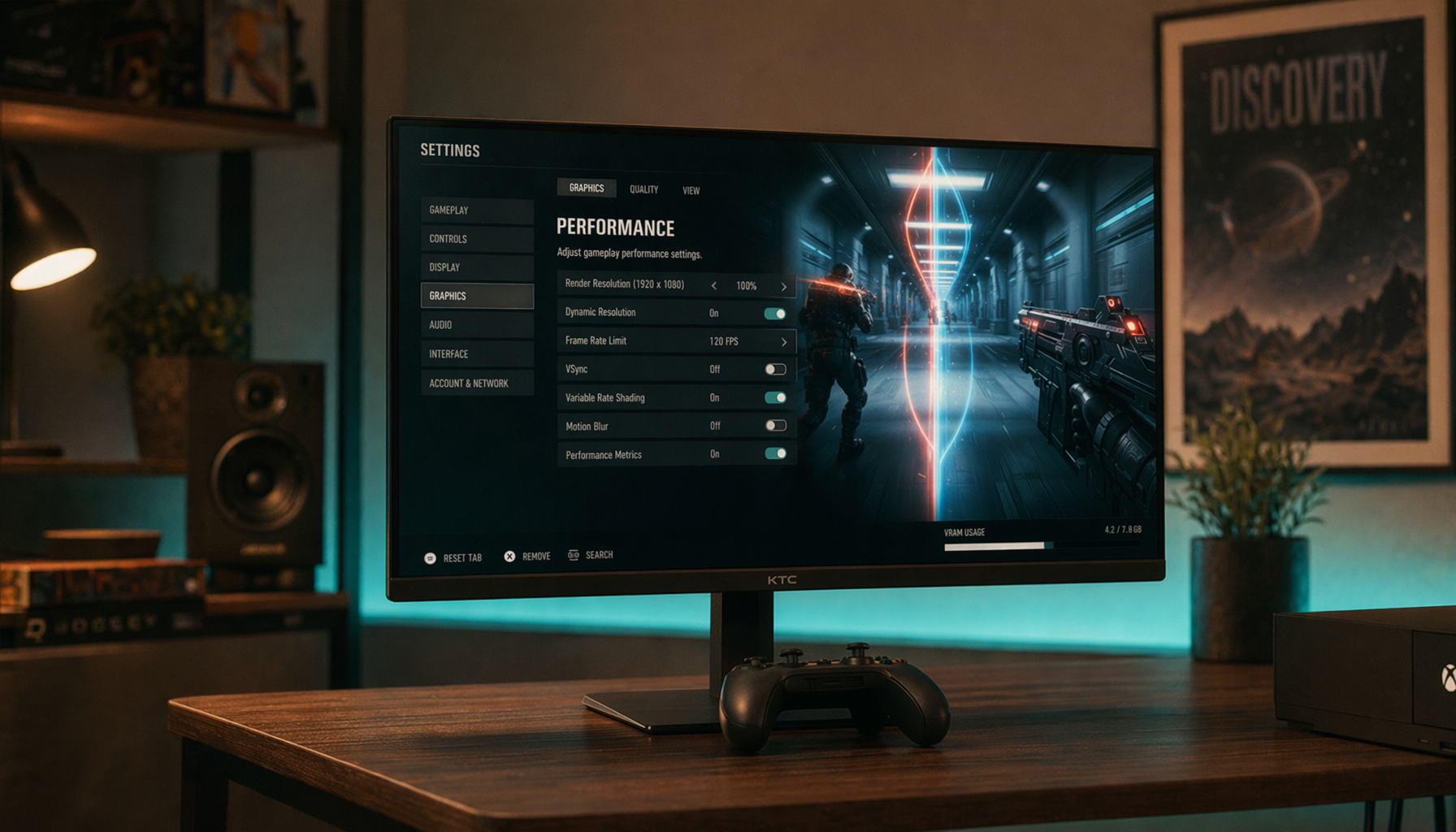 Gaming monitor showing console performance settings with a game controller on a dark desk, illustrating the 60fps vs 120fps question in console performance mode