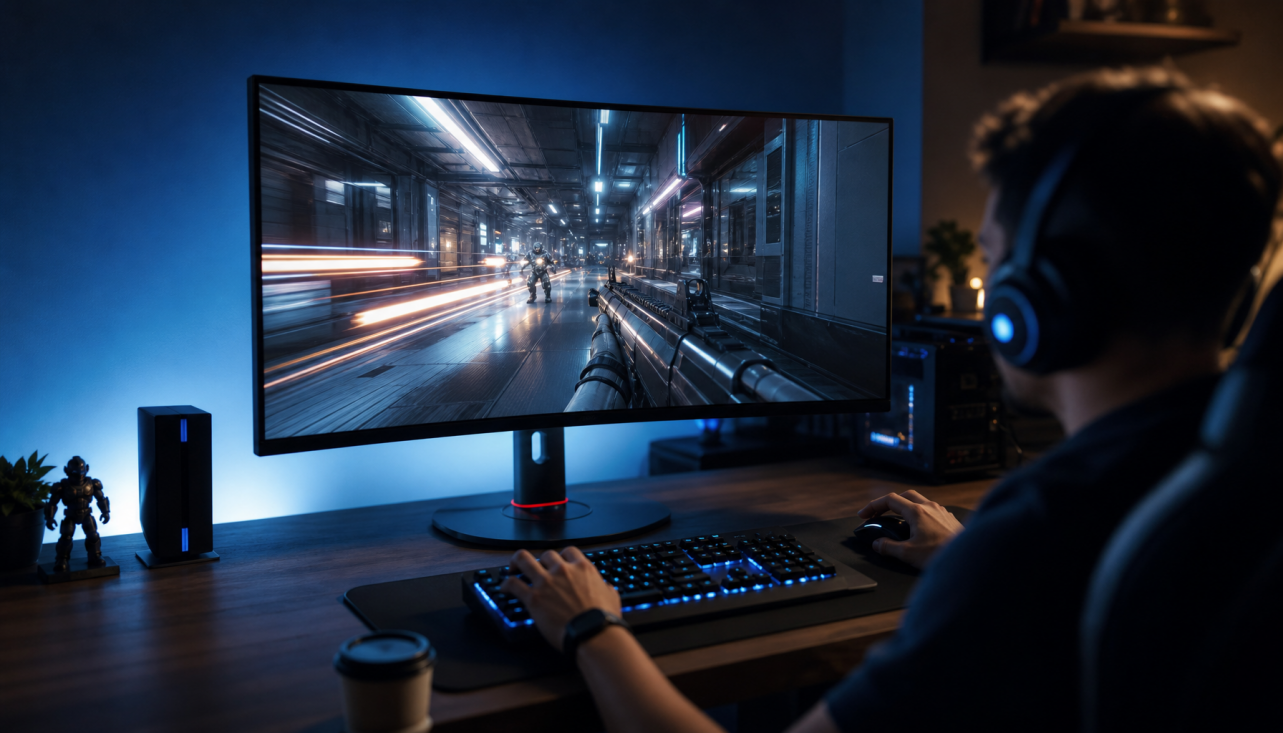 Gaming monitor showing crisp motion clarity with backlight strobing enabled in a dimly lit desk setup