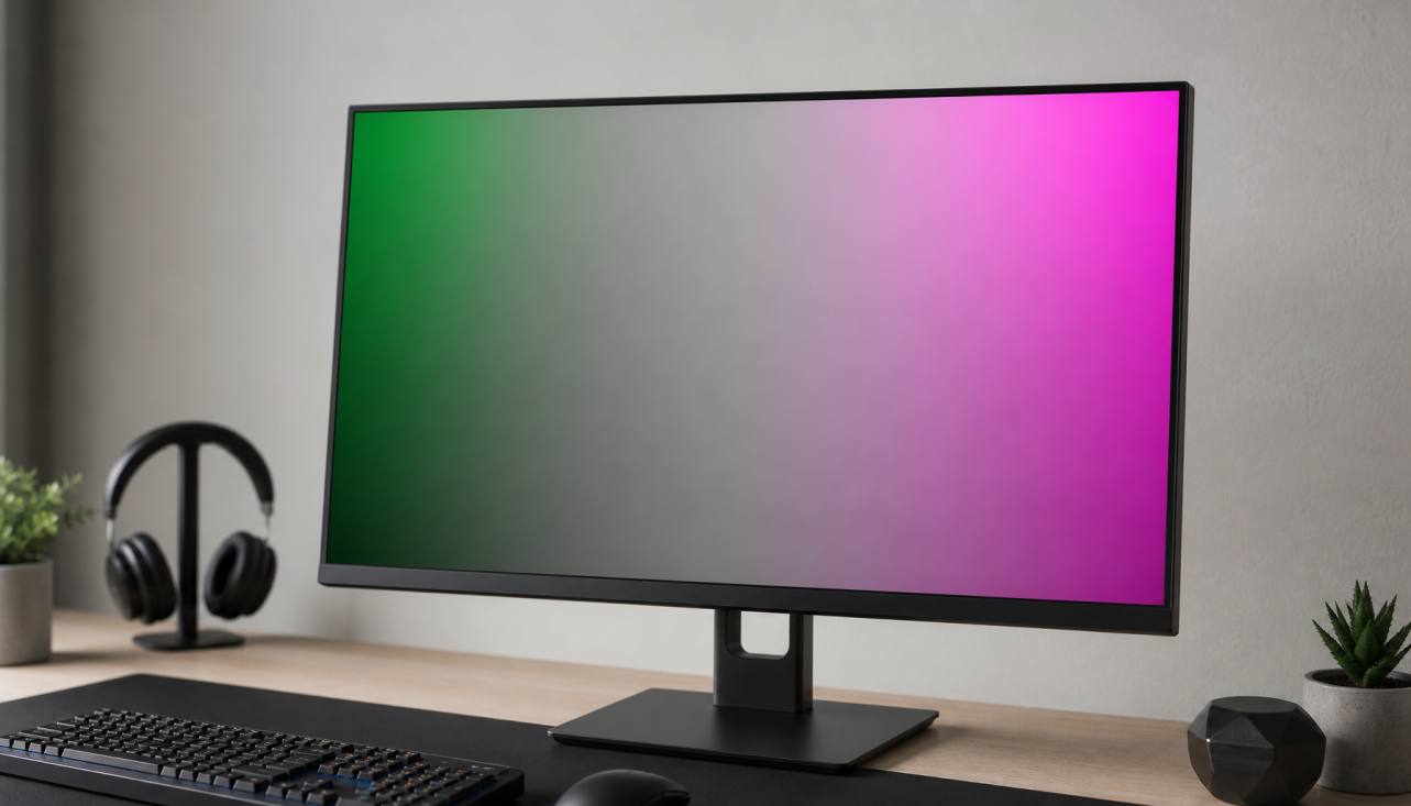 Gaming monitor showing green and magenta tints across a neutral gray ramp test