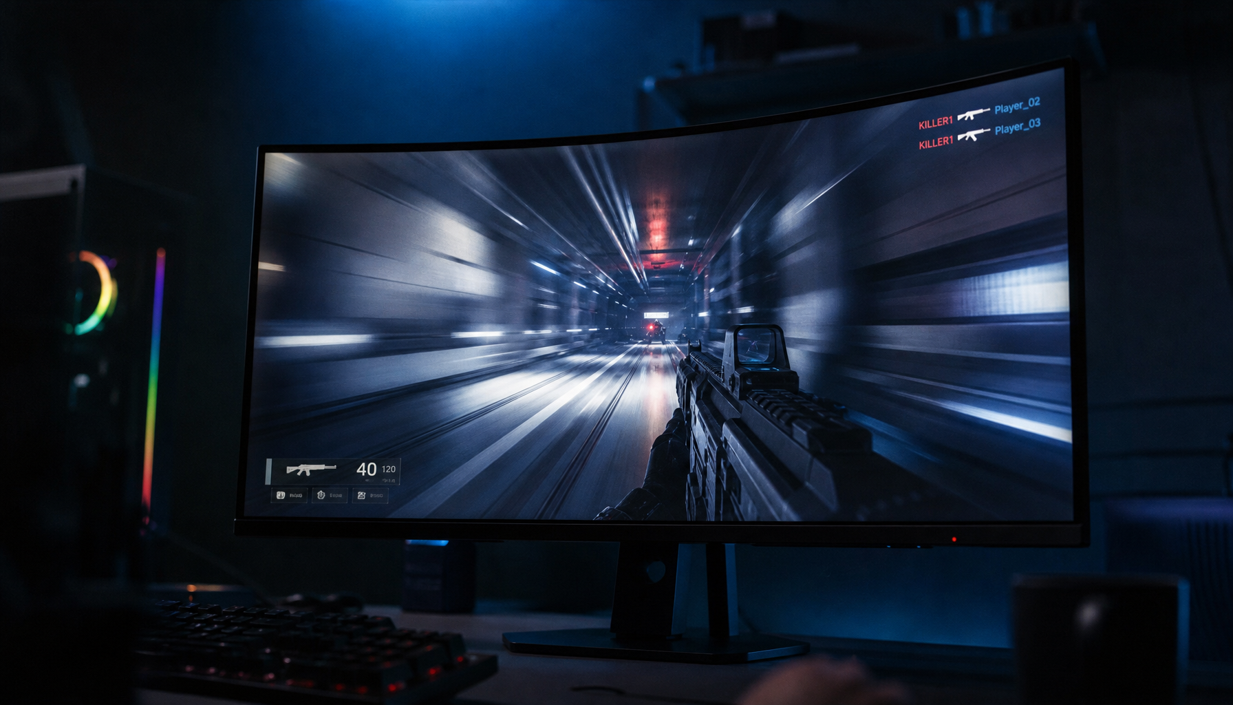 Gaming monitor showing horizontal motion artifacts during fast camera panning in a dark room