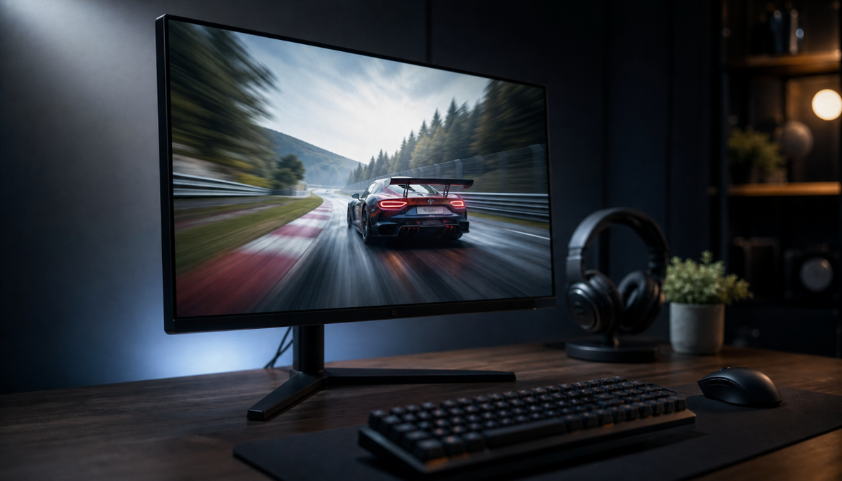 Gaming monitor showing motion blur on a fast-moving racing game, illustrating pixel response time effects