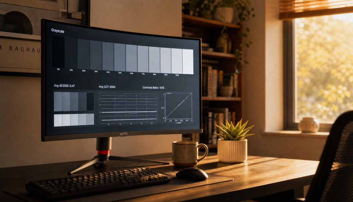 Gaming monitor showing neutral gray calibration screen with warm afternoon sunlight creating color temperature contrast in a home office