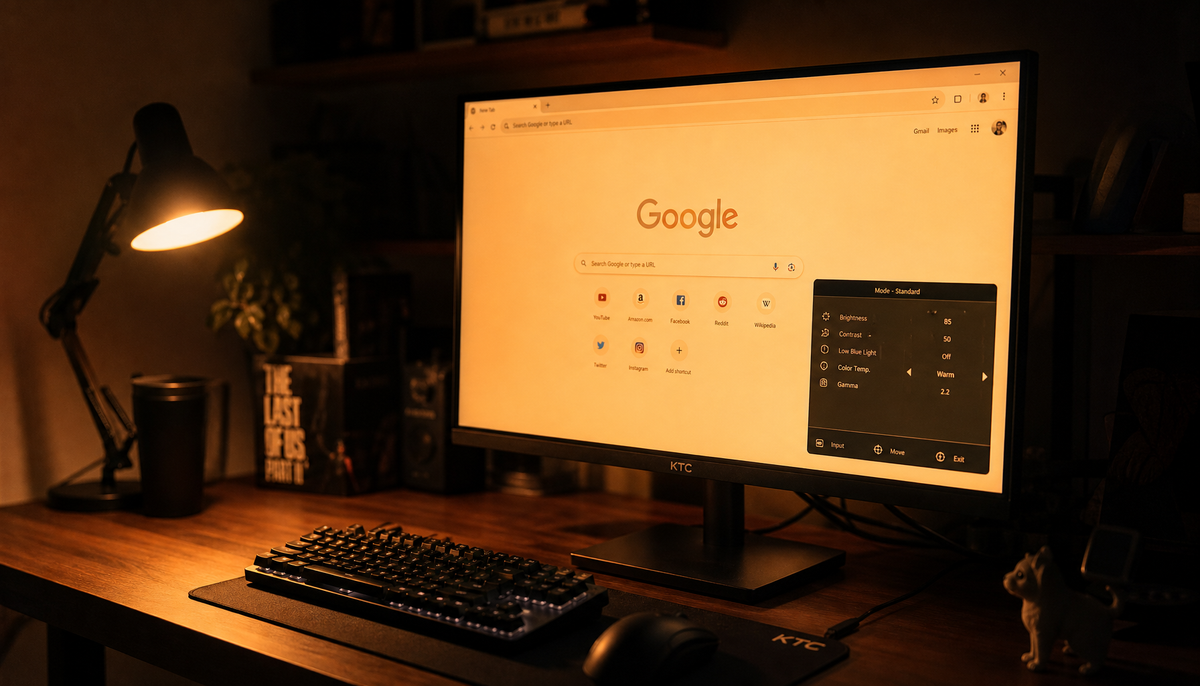 Gaming monitor showing orange-tinted screen from an overly warm color temperature preset in a dark room