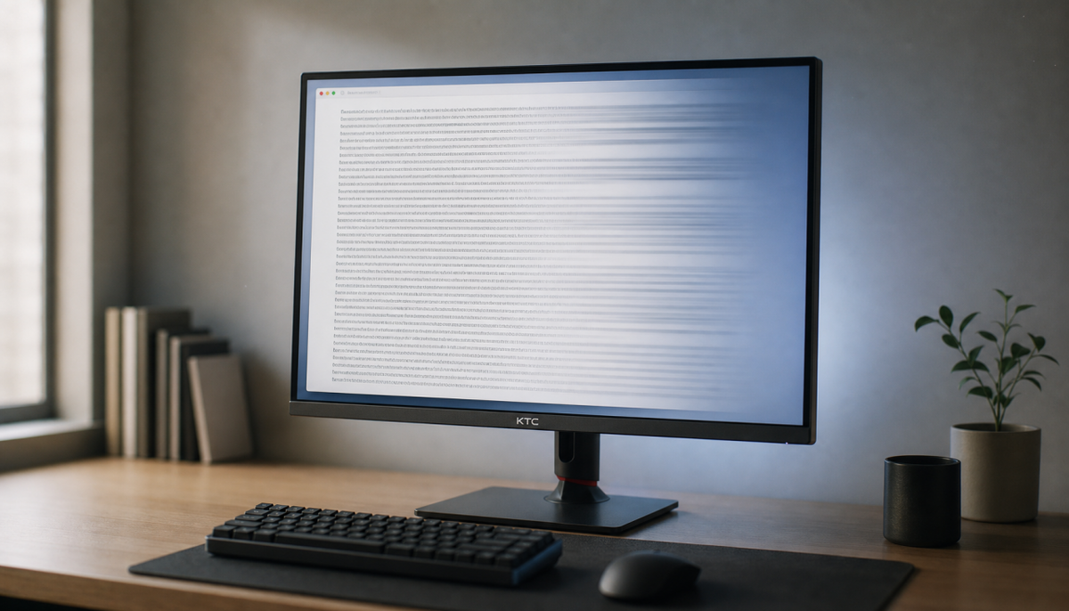 Gaming monitor showing scrolling text with visible motion blur from slow pixel response time