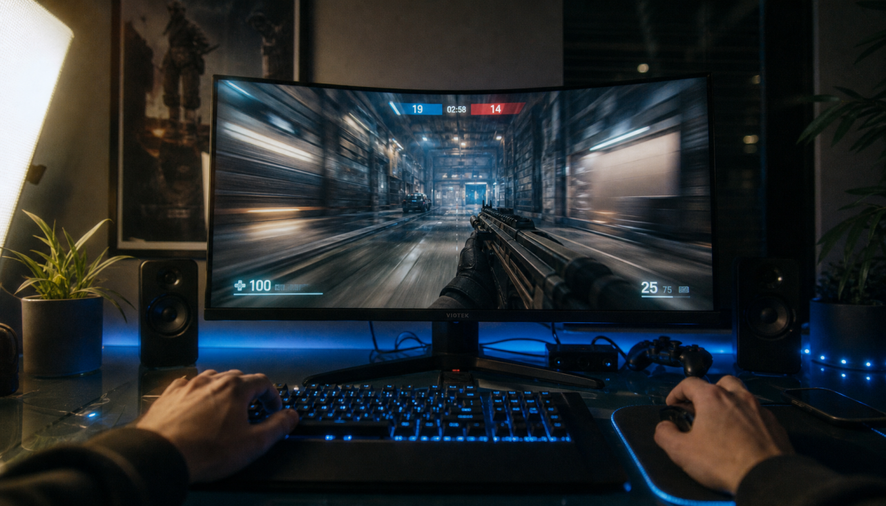 Gaming monitor showing sharp center image with motion blur visible toward the edges, illustrating peripheral vision clarity degradation