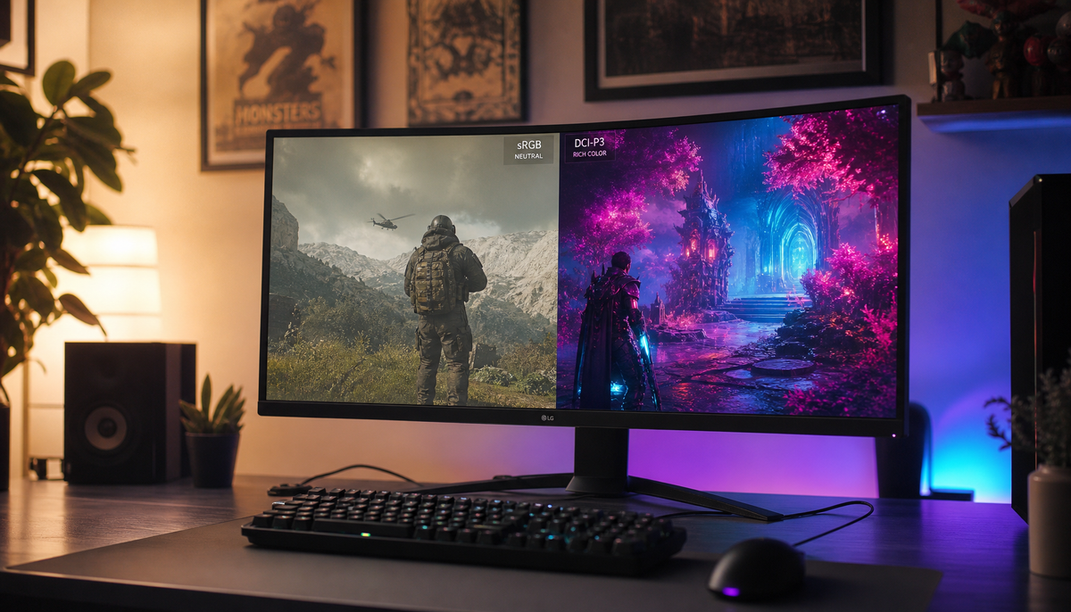 Gaming monitor showing side-by-side comparison of sRGB and DCI-P3 color calibration on a gaming desk