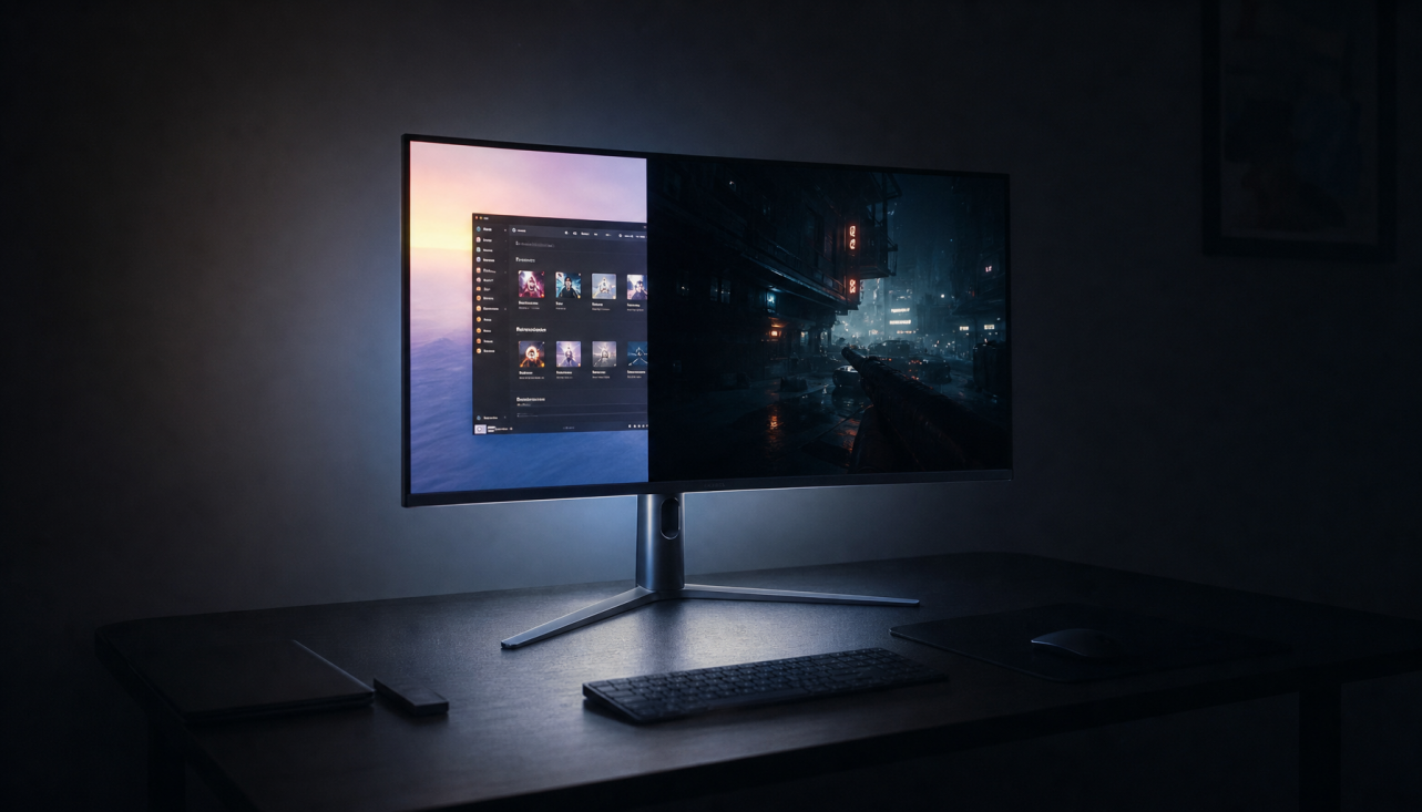 Gaming monitor showing the difference in black levels between desktop mode and full-screen application