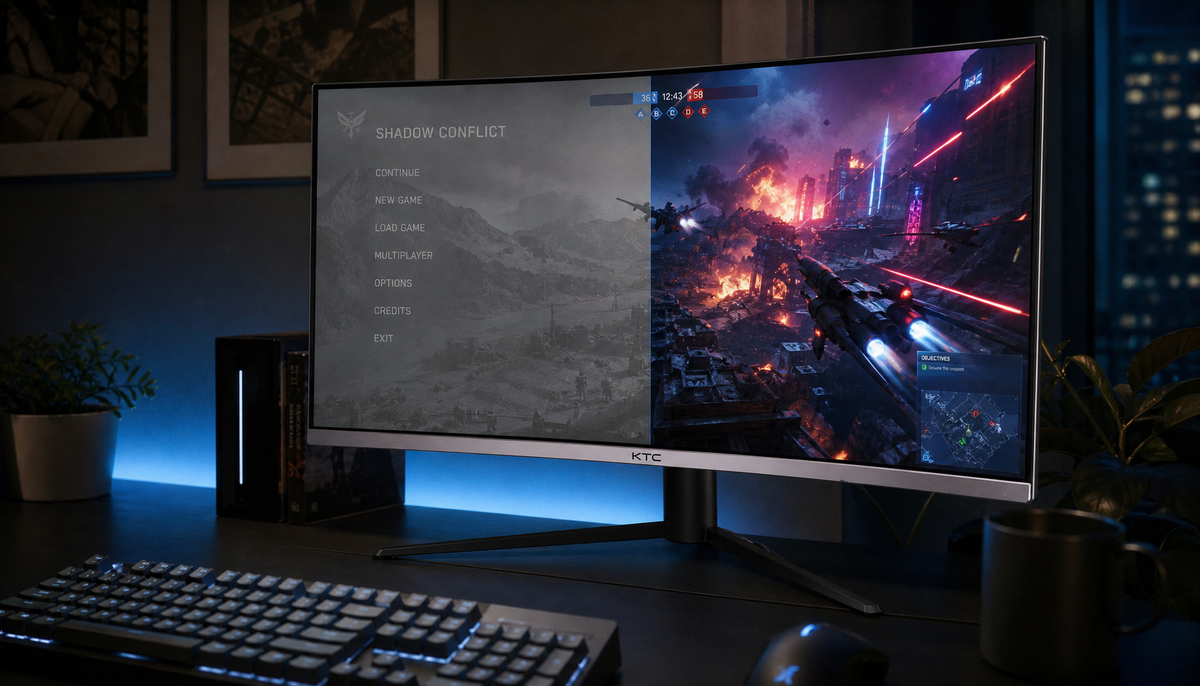 Gaming monitor showing the visual difference between SDR and HDR game rendering side by side on a dark gaming desk