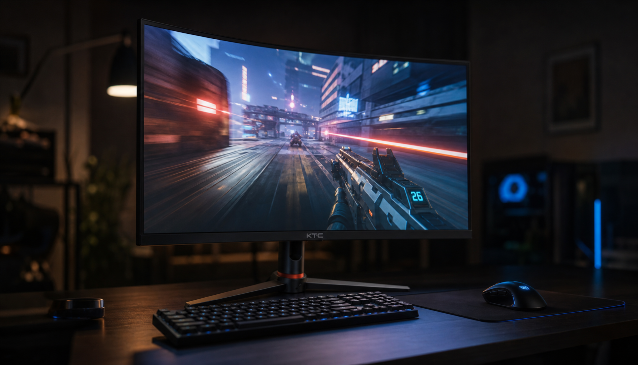 Gaming monitor showing uneven screen brightness during motion blur reduction mode in a dark gaming setup