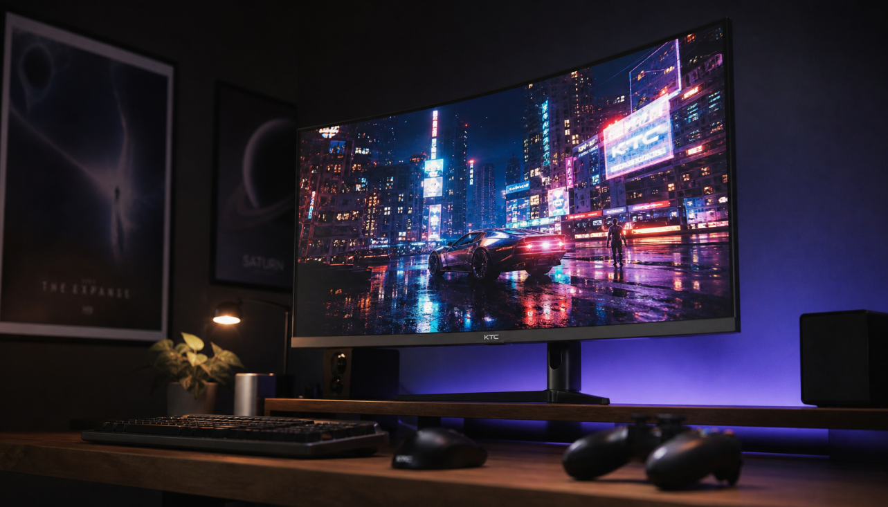 Gaming monitor showing vivid HDR output connected to a console in a dark desk setup