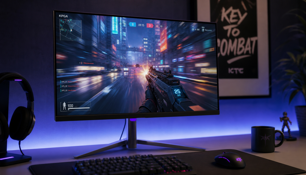Gaming monitor with Adaptive Sync enabled showing smooth high-refresh gameplay in a dark gaming setup