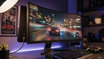 Gaming monitor with HDMI 2.1 cable connected, displaying a fast-action game scene with smooth motion