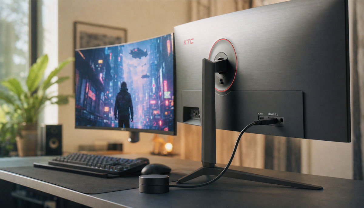 Gaming monitor with HDMI 2.1 cable connected, screen showing a vivid 4K game scene on a clean desk setup