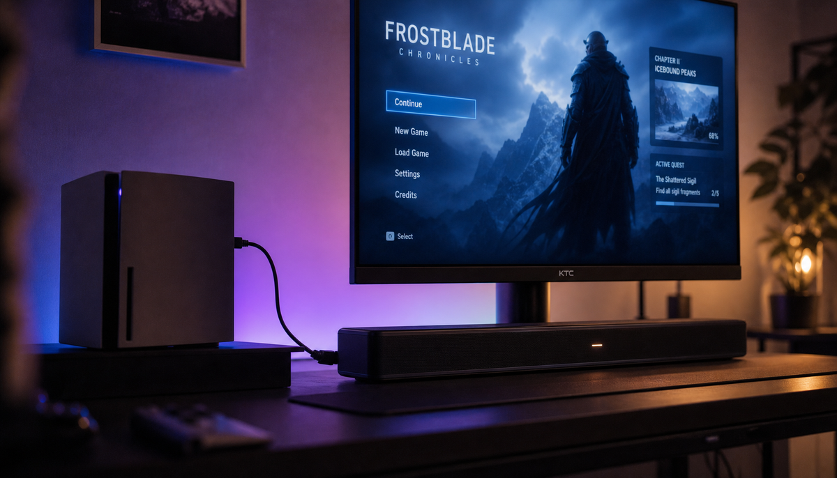 Gaming monitor with console and soundbar connected via HDMI eARC on a dark gaming desk