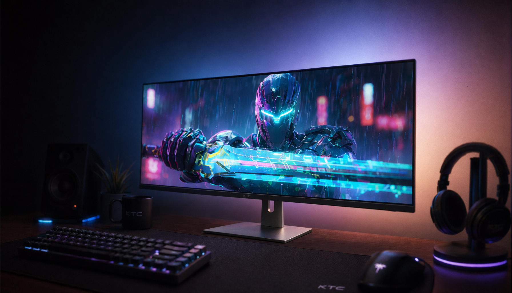 Gaming monitor with soft ambient bias lighting creating a warm glow on the wall behind the screen in a dim room