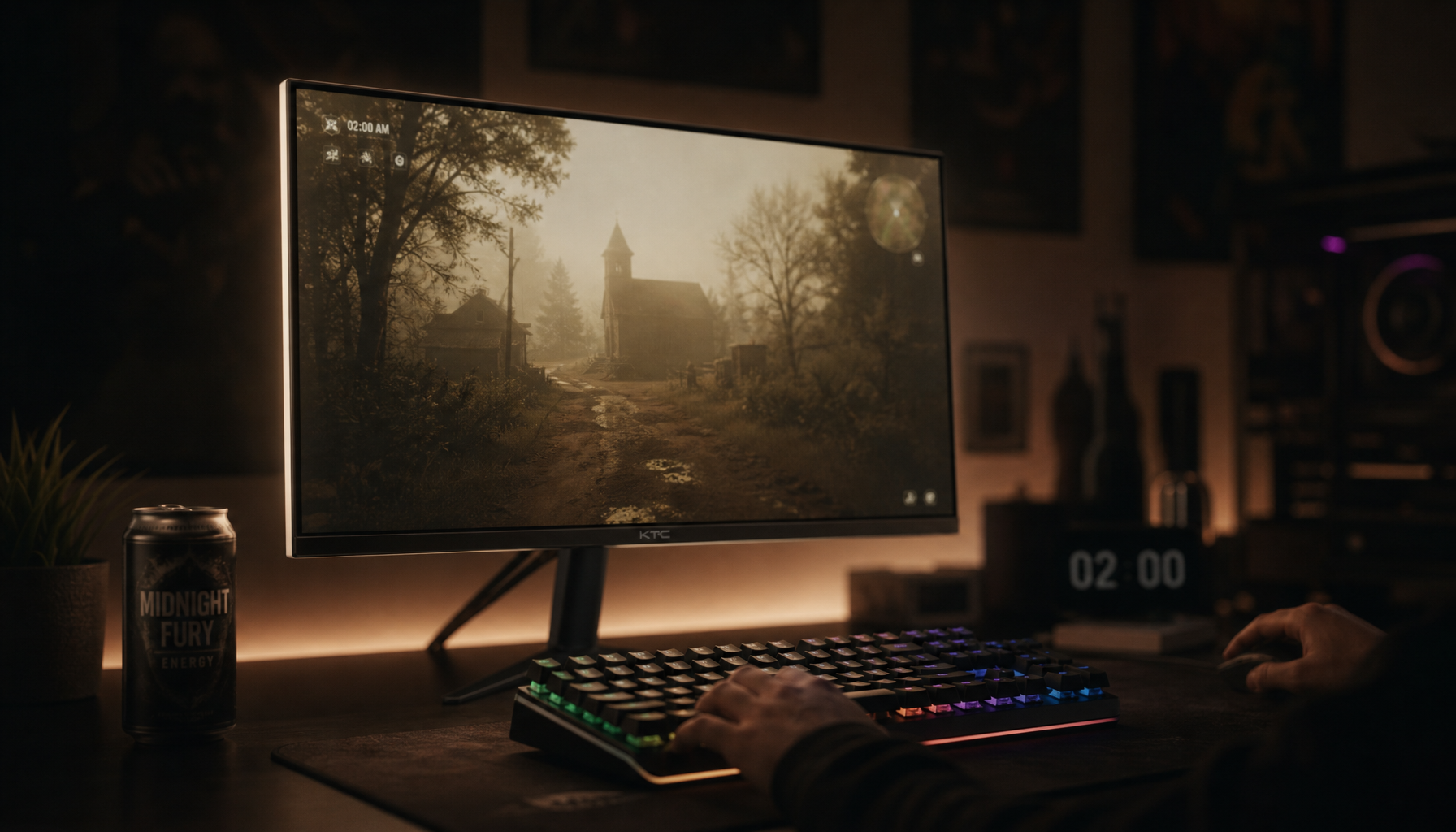 Gaming setup glowing with warm 5500K monitor light in a dark room late at night