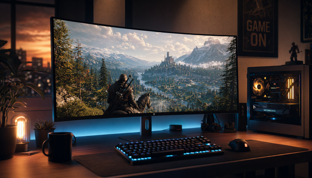 Gaming setup with a large curved monitor showing 4K game visuals, illustrating the GPU workload of driving high-resolution displays