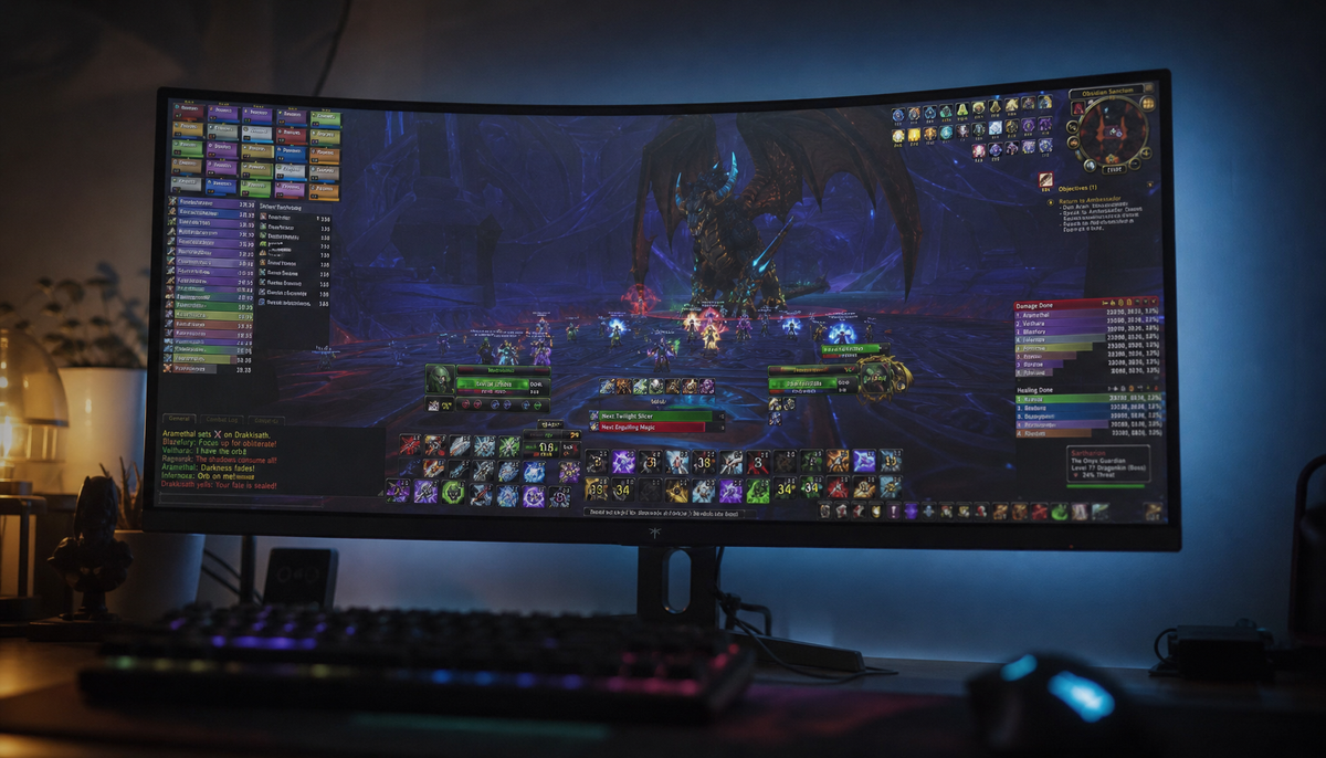 Gaming setup with curved widescreen monitor displaying a dense MMORPG interface with raid frames and combat UI arranged around a clear center view