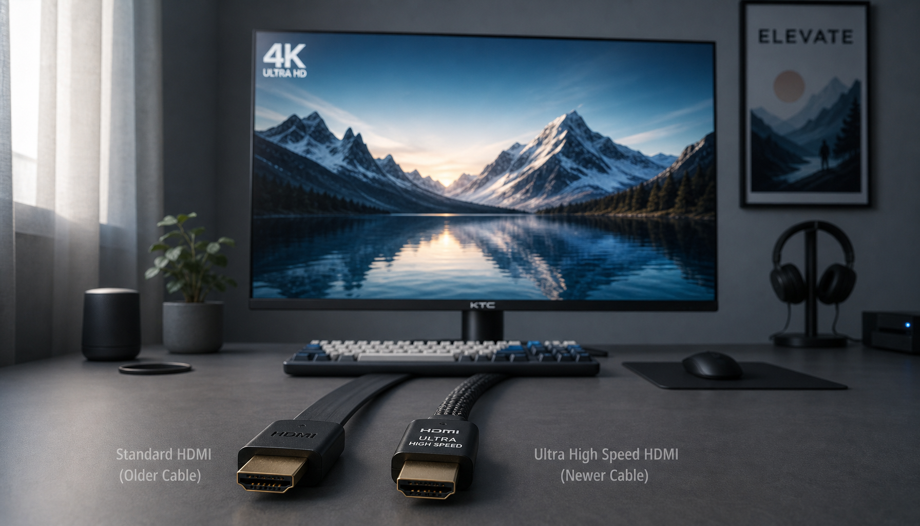 HDMI 2.0 and HDMI 2.1 cables next to a 4K gaming monitor showing the bandwidth upgrade needed for 4K 120Hz