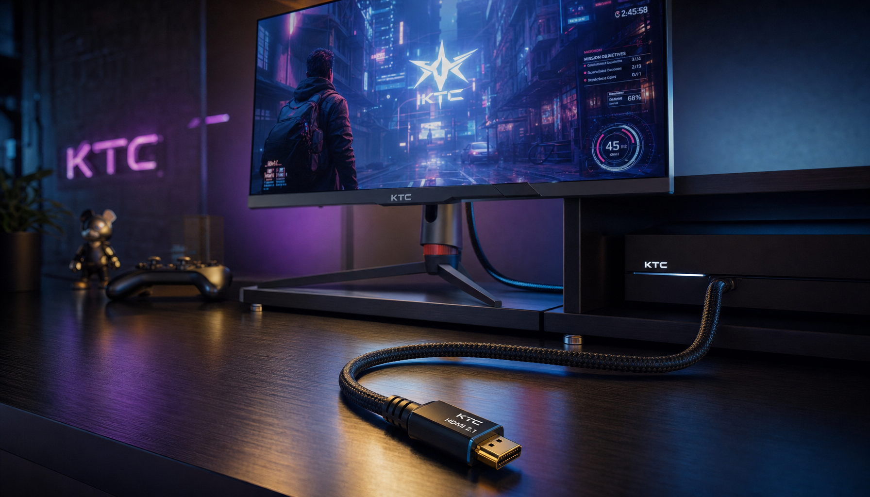HDMI 2.1 cable connecting a gaming monitor on a desk, illustrating maximum cable length considerations for 4K 120Hz