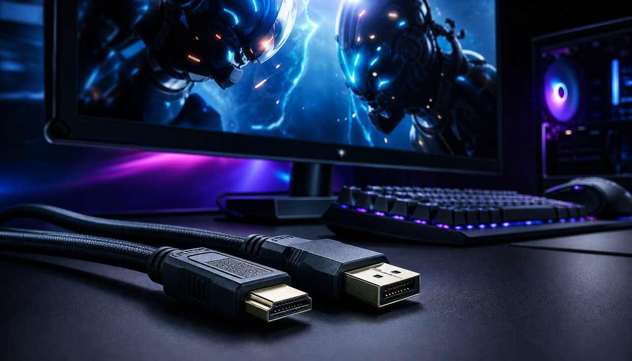 HDMI and DisplayPort cables on a gaming desk with HDR monitor in the background